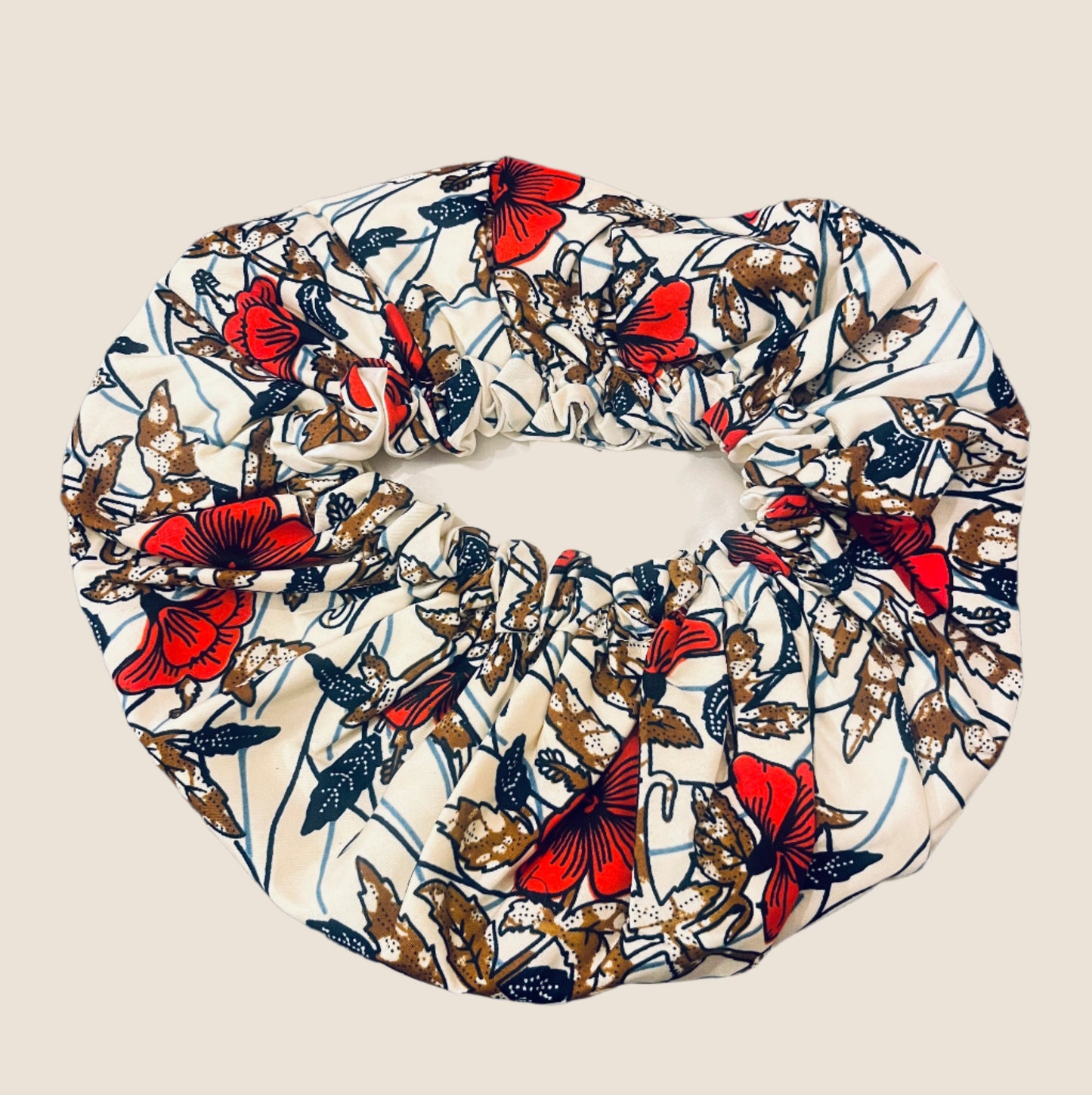 The Buki Ankara African Print Satin Sleeping Bonnet in Cream by Eldimaa Fashion