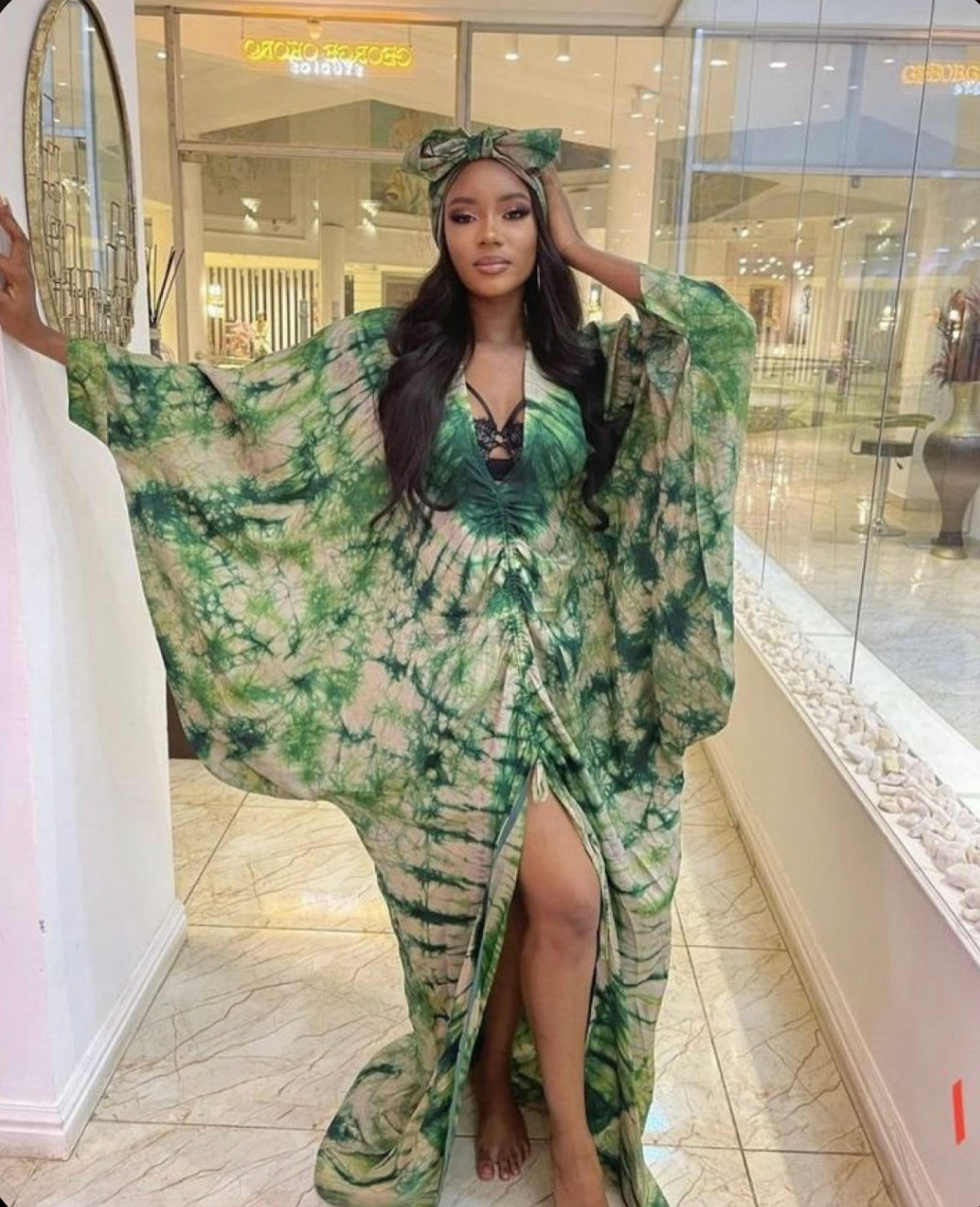 Green Adire Silk Tie-dye Bubu Dress Rich Aunty Vibes by Eldimaa Fashion