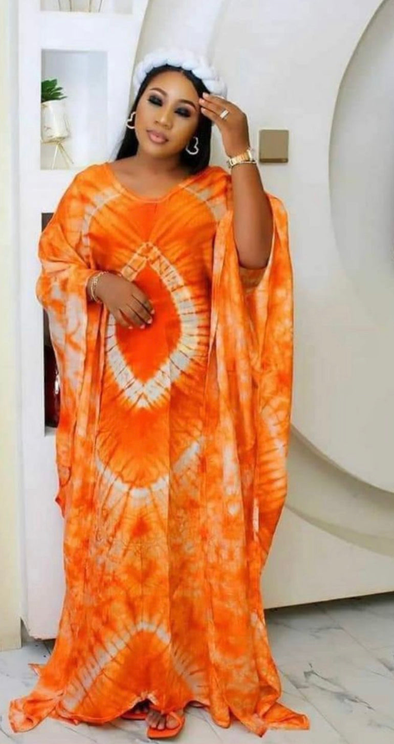 Orange Adire Silk Tie-dye Bubu Dress Rich Aunty Vibes by Eldimaa Fashion