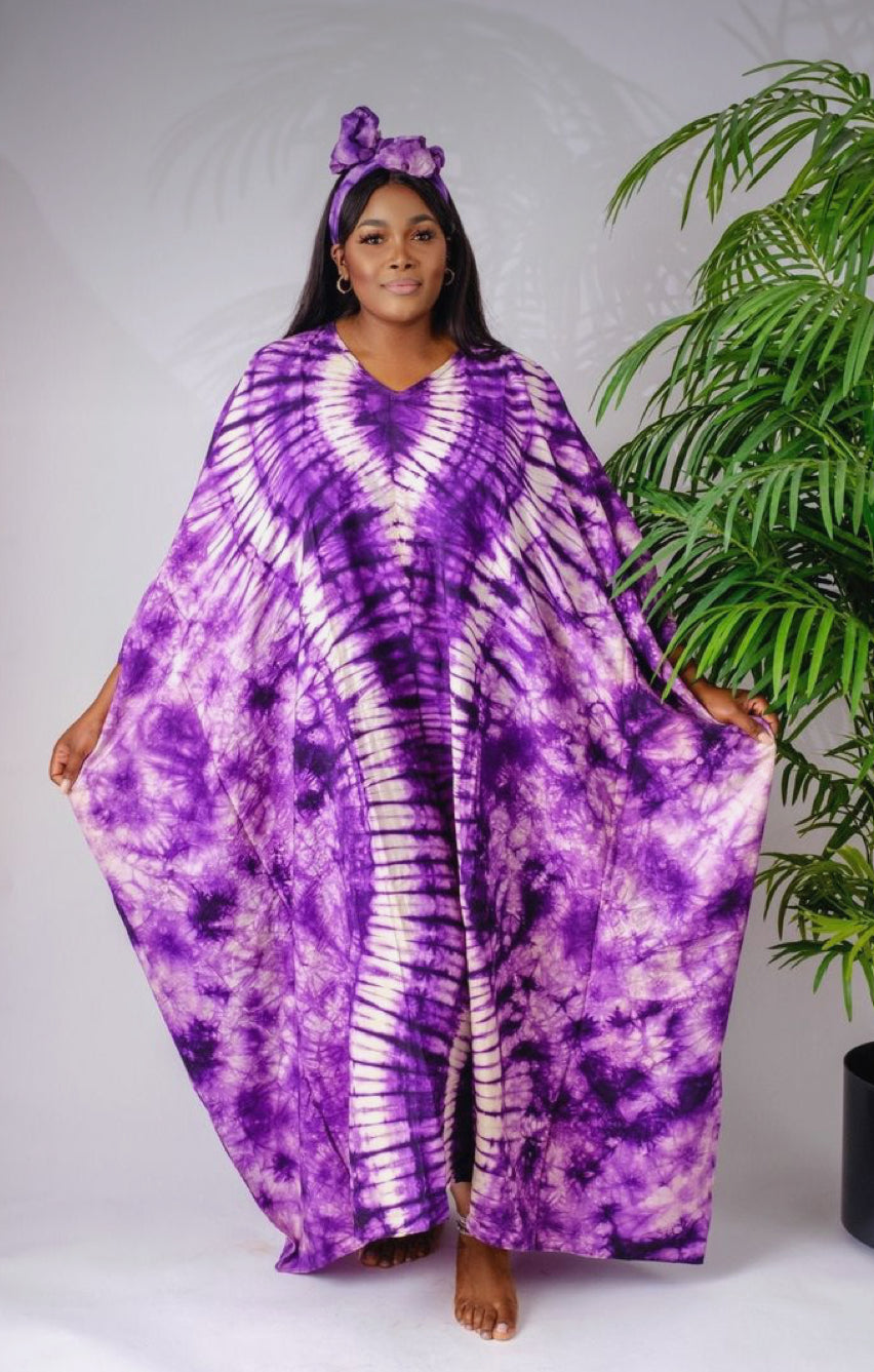 Purple Adire Silk Tie-dye Bubu Dress Rich Aunty Vibes by Eldimaa Fashion
