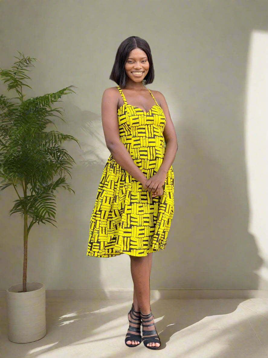 Yellow Etini Ankara African Print Mini Dress with Pleated Hips & Corset Back