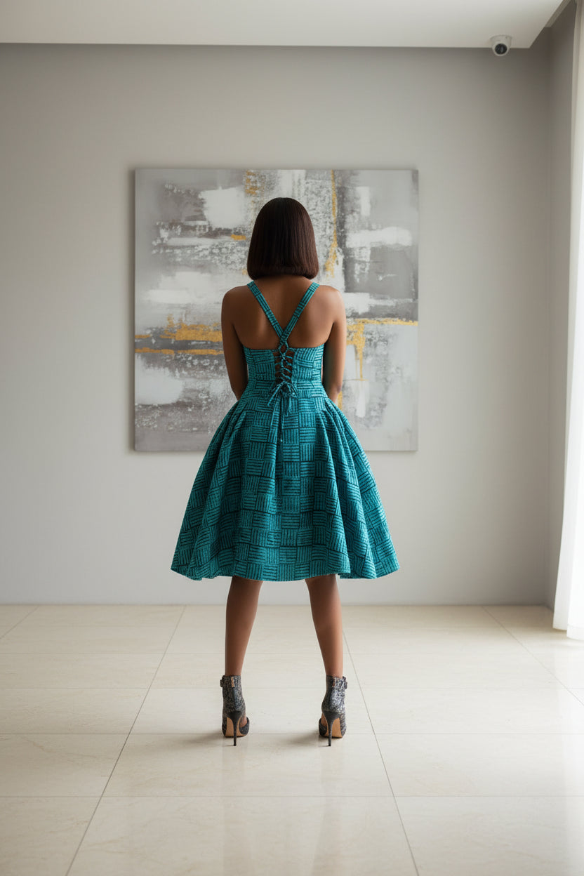 Green Etini Ankara African Print Mini Dress with Pleated Hips & Corset Back