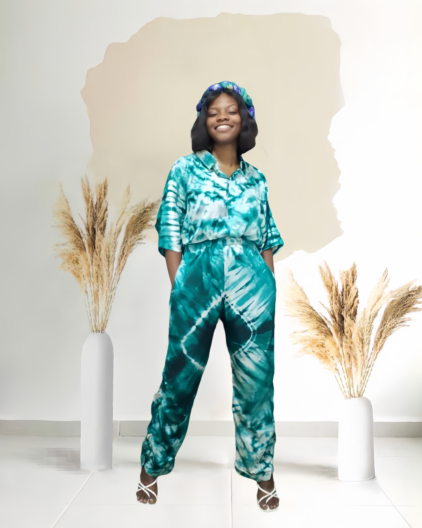 Green Tie-Dye Adire Silk 2 Piece Shirt & Palazzo Pant Trousers