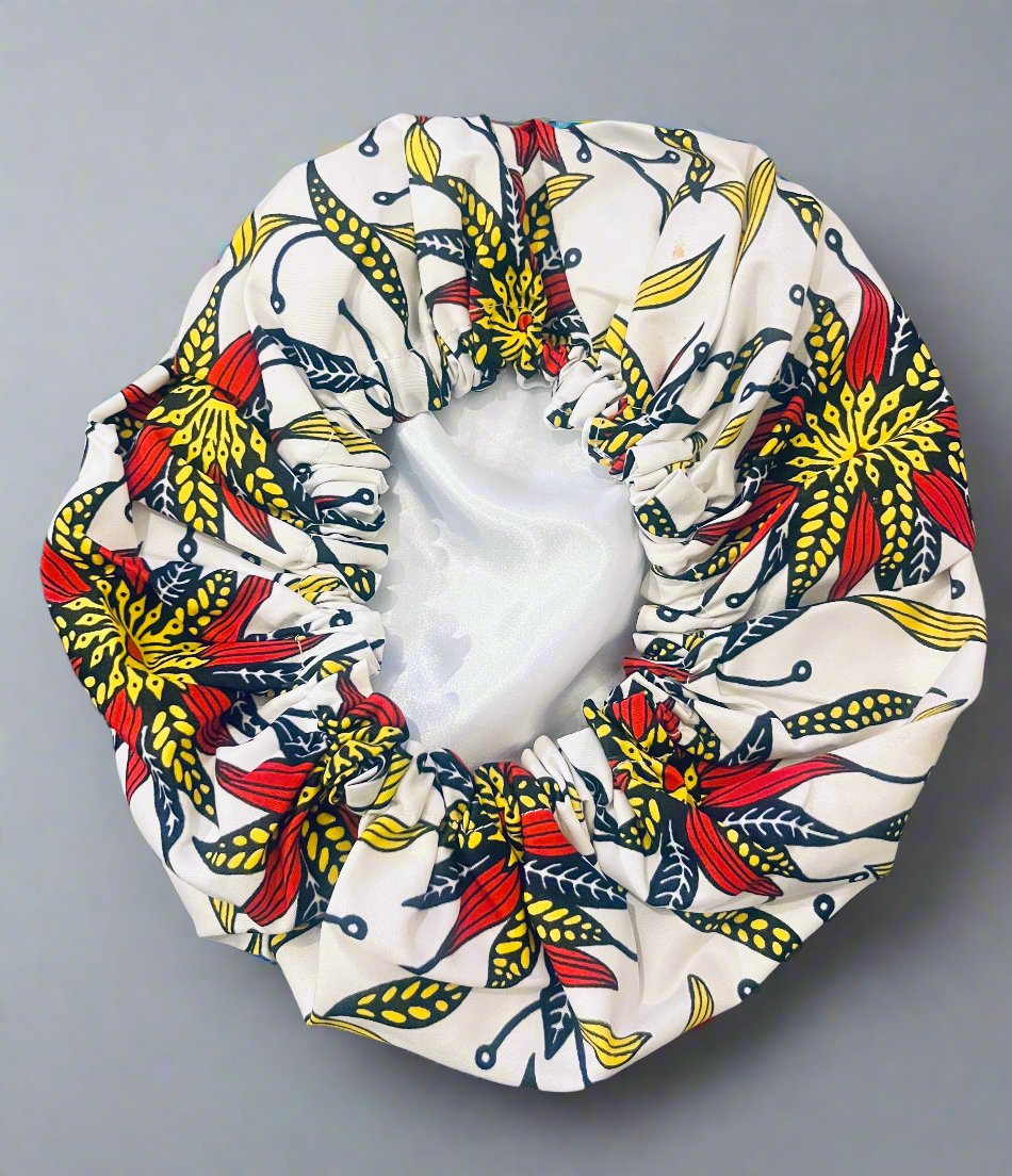 The Buki Ankara African Print Satin Sleeping Bonnet in White by Eldimaa Fashion