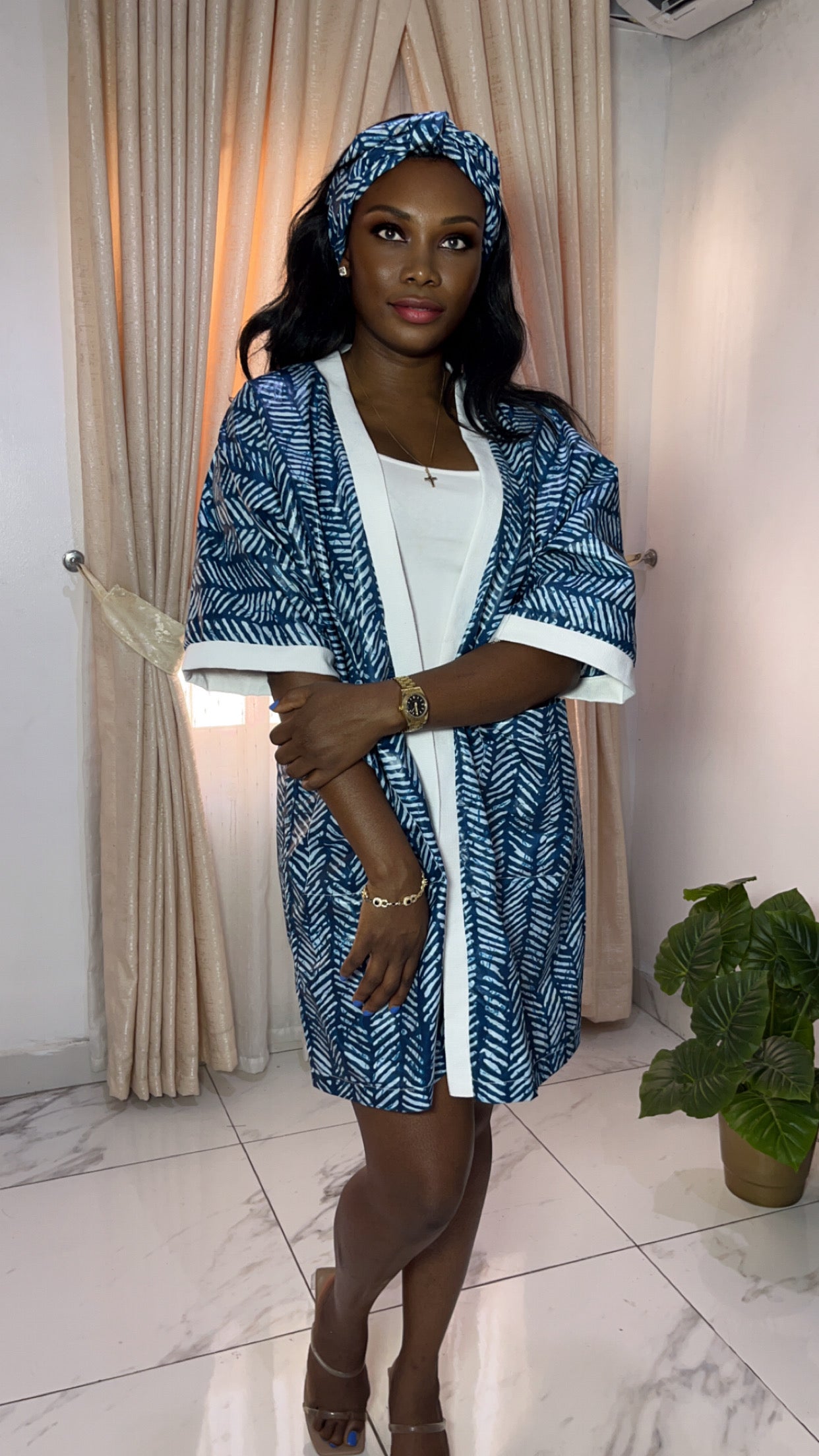 African Print Adire & Silk Aso Oke Kimono Jacket in Teal Blue by Eldimaa Fashion