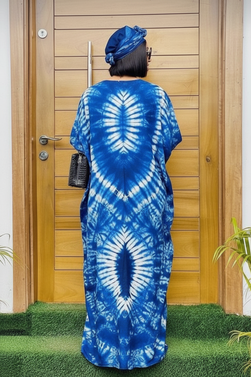 Blue Adire Silk Tie-dye Bubu Dress Rich Aunty Vibes by Eldimaa Fashion