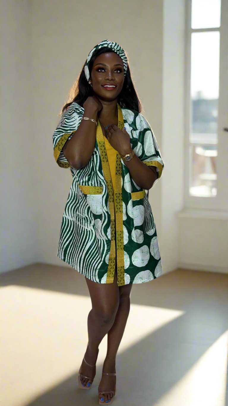 African Print Adire & Silk Aso Oke Kimono Jacket in Green by Eldimaa F Eldimaa Fashion African Print Adire & Silk Aso Oke Kimono Jacket in Green by Eldimaa F Eldimaa Fashion