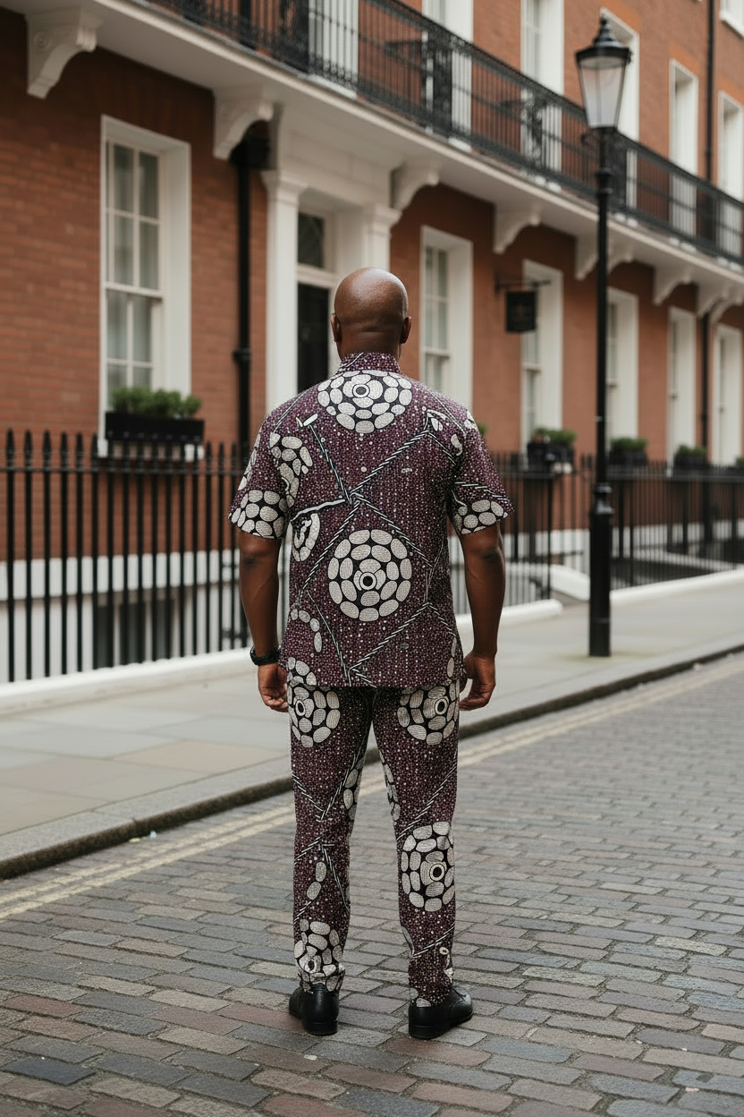 The Niran Men’s Ankara African Print Shirt and Shorts 2 Piece in Burgundy