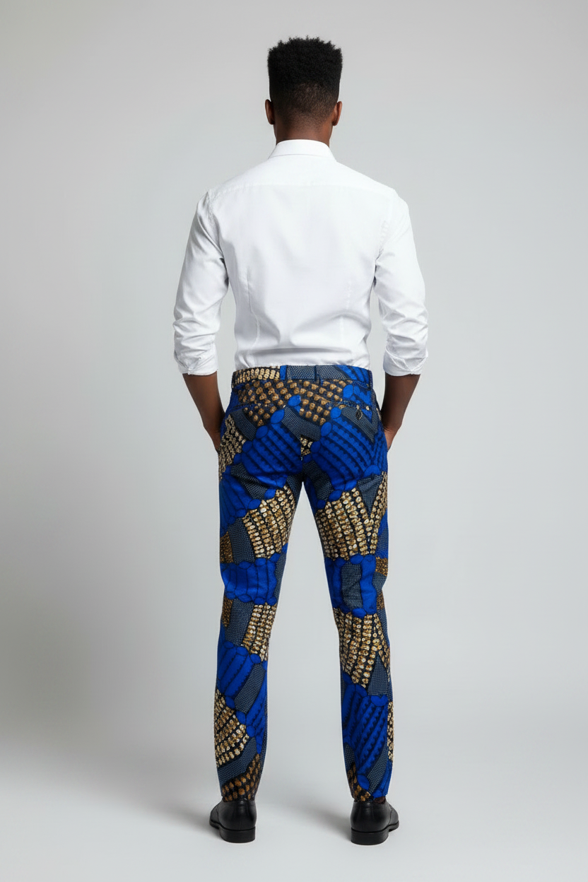 The Zembe Men Ankara African Print Slim Fit Trousers Pants in Blue by Eldimaa Fashion