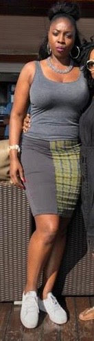 The Tinu Ankara and Stretch Lycra African Print Midi Skirt in Mustard and Grey by Eldimaa Fashion