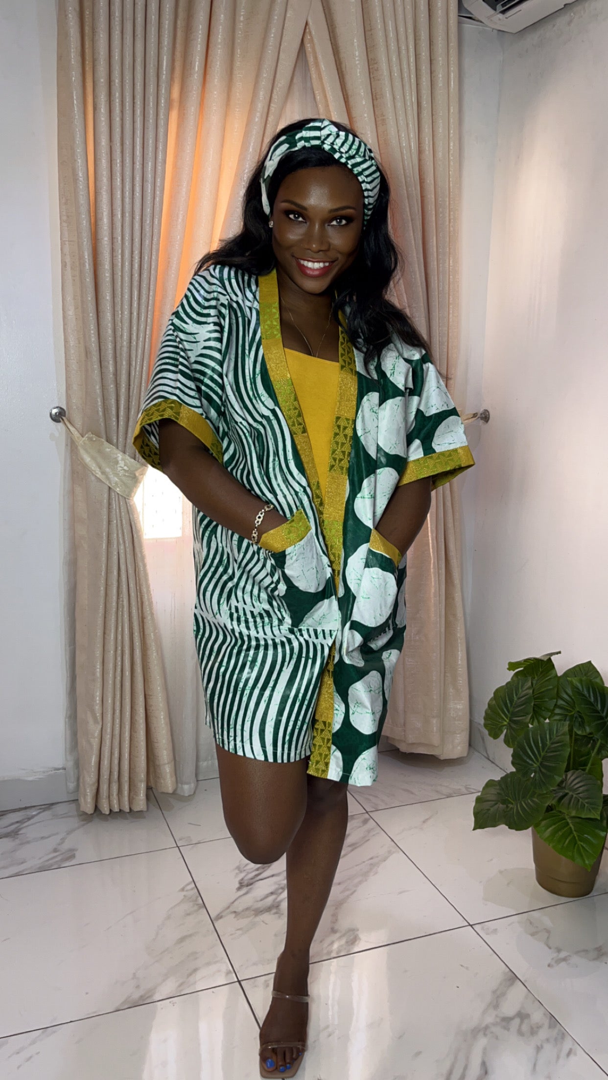 African Print Adire & Silk Aso Oke Kimono Jacket in Green by Eldimaa Fashion