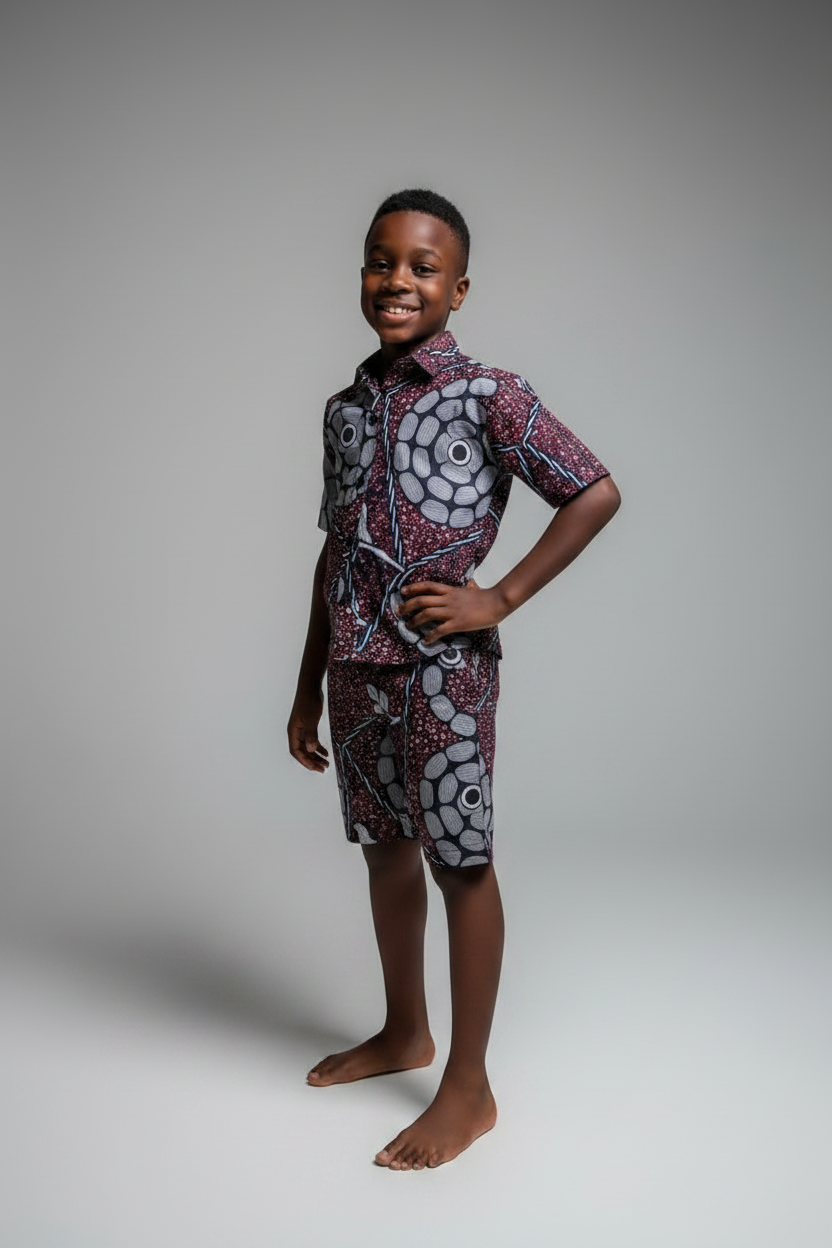The Edet Boys Ankara African Print Shirt and Shorts 2 Piece in Burgundy