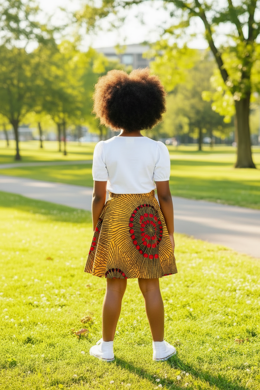 The Zola Yellow Elasticated African Print Ankara Skirt and Bow Headband Set for Baby and Girls