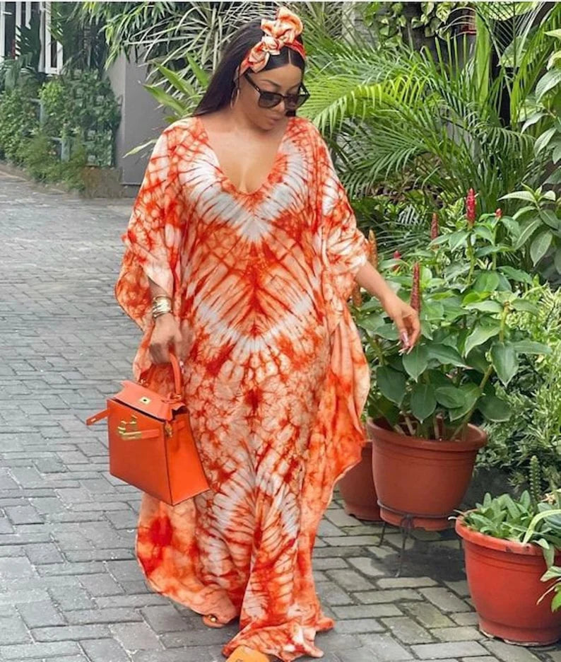 Orange Adire Silk Tie dye Bubu Dress Rich Aunty Vibes by Eldimaa
