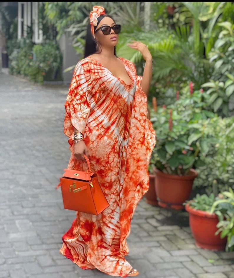 Orange Adire Silk Tie-dye Bubu Dress Rich Aunty Vibes by Eldimaa Fashion