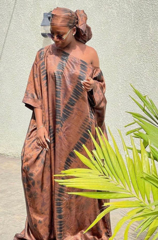 Brown Adire Silk Tie-dye Bubu Dress Rich Aunty Vibes by Eldimaa Fashion
