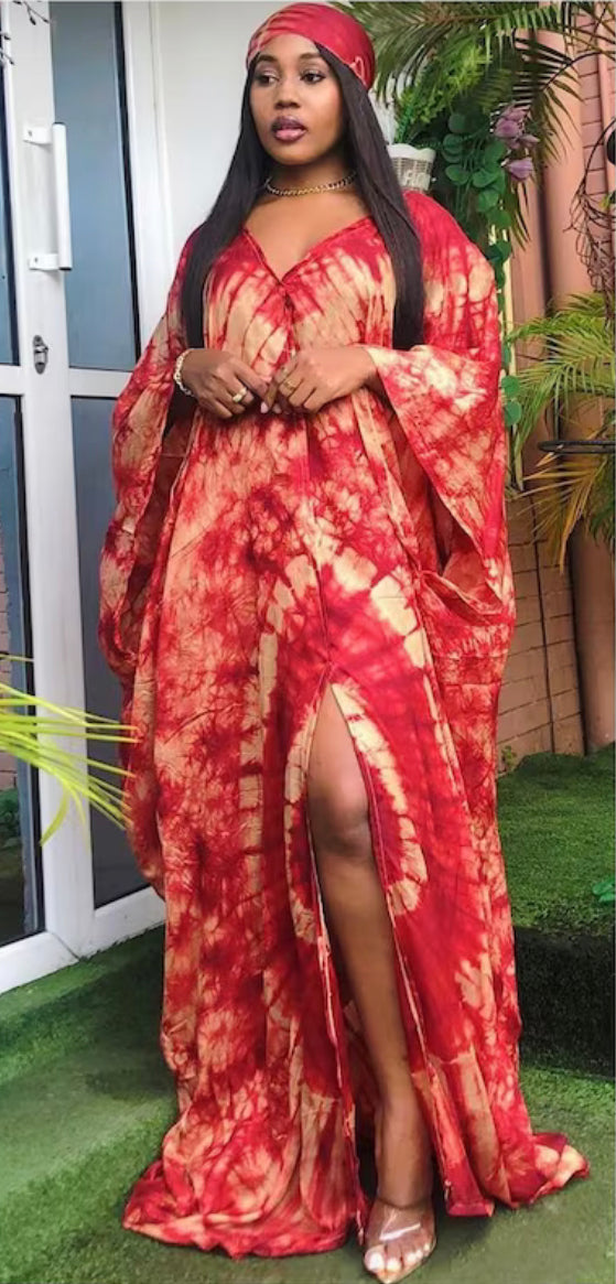 Red Adire Silk Tie-dye Bubu Dress Rich Aunty Vibes by Eldimaa Fashion