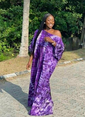 Purple Adire Silk Tie-dye Bubu Dress Rich Aunty Vibes by Eldimaa Fashion