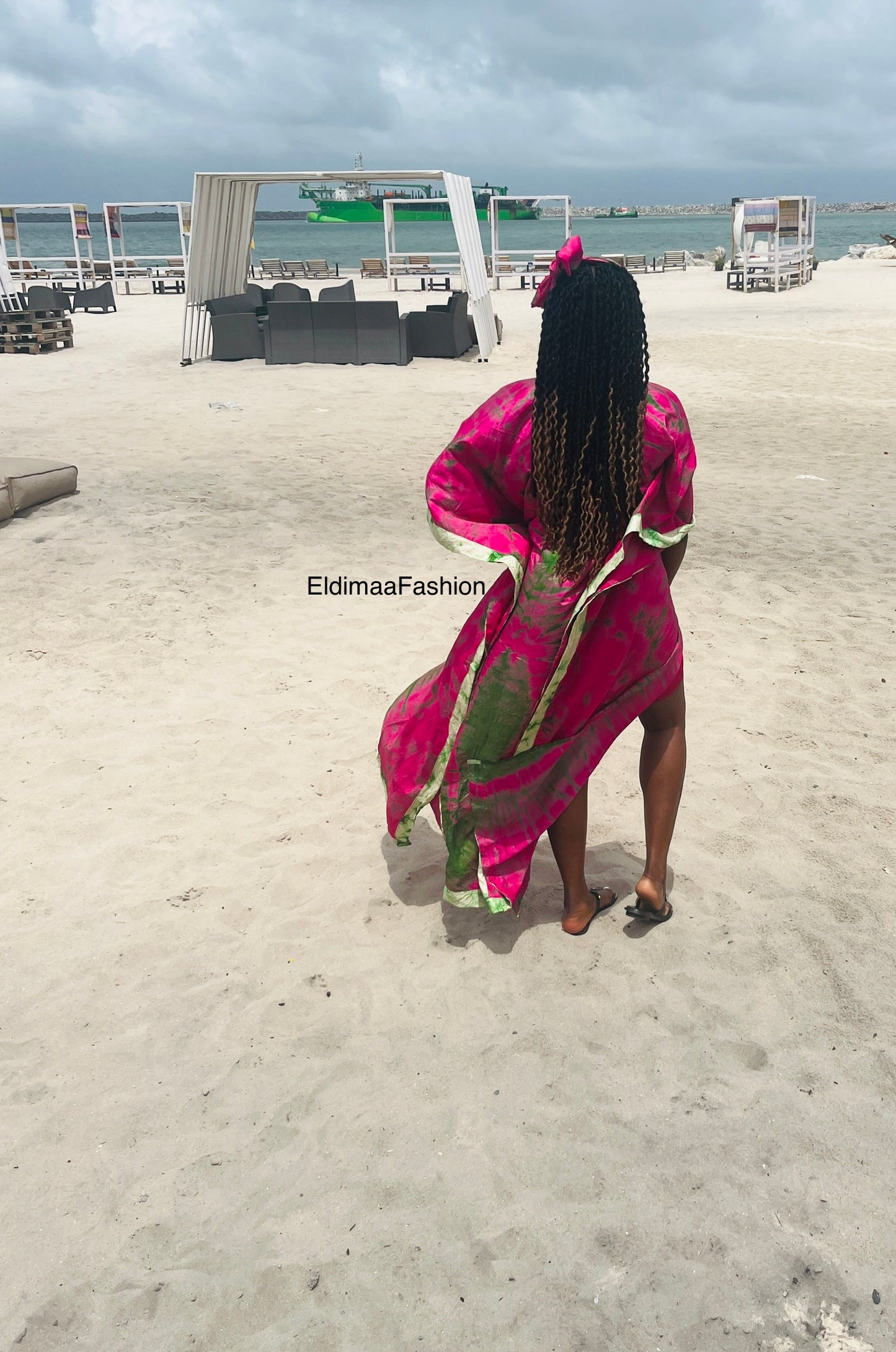 Pink & Green Adire Silk Tie-dye Bubu Dress Rich Aunty Vibes by Eldimaa Fashion