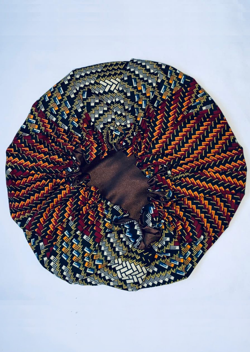 Green, Brown and Red African Print Satin Bonnet.