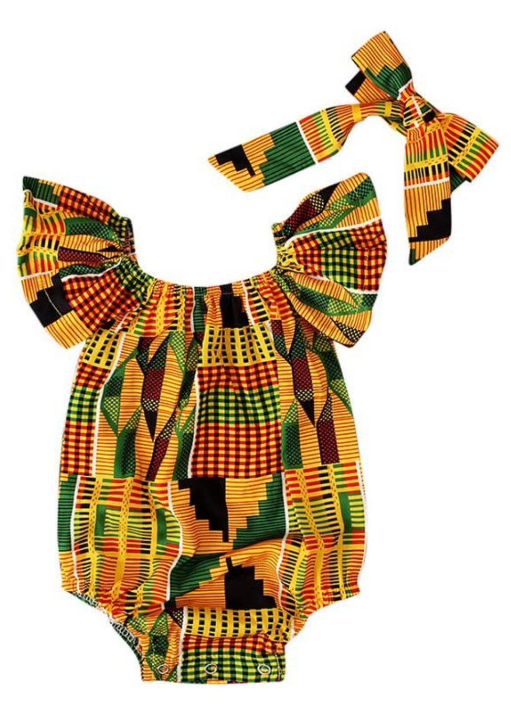 A kente print bodysuit for babies with pleated sleeves and matching headband.