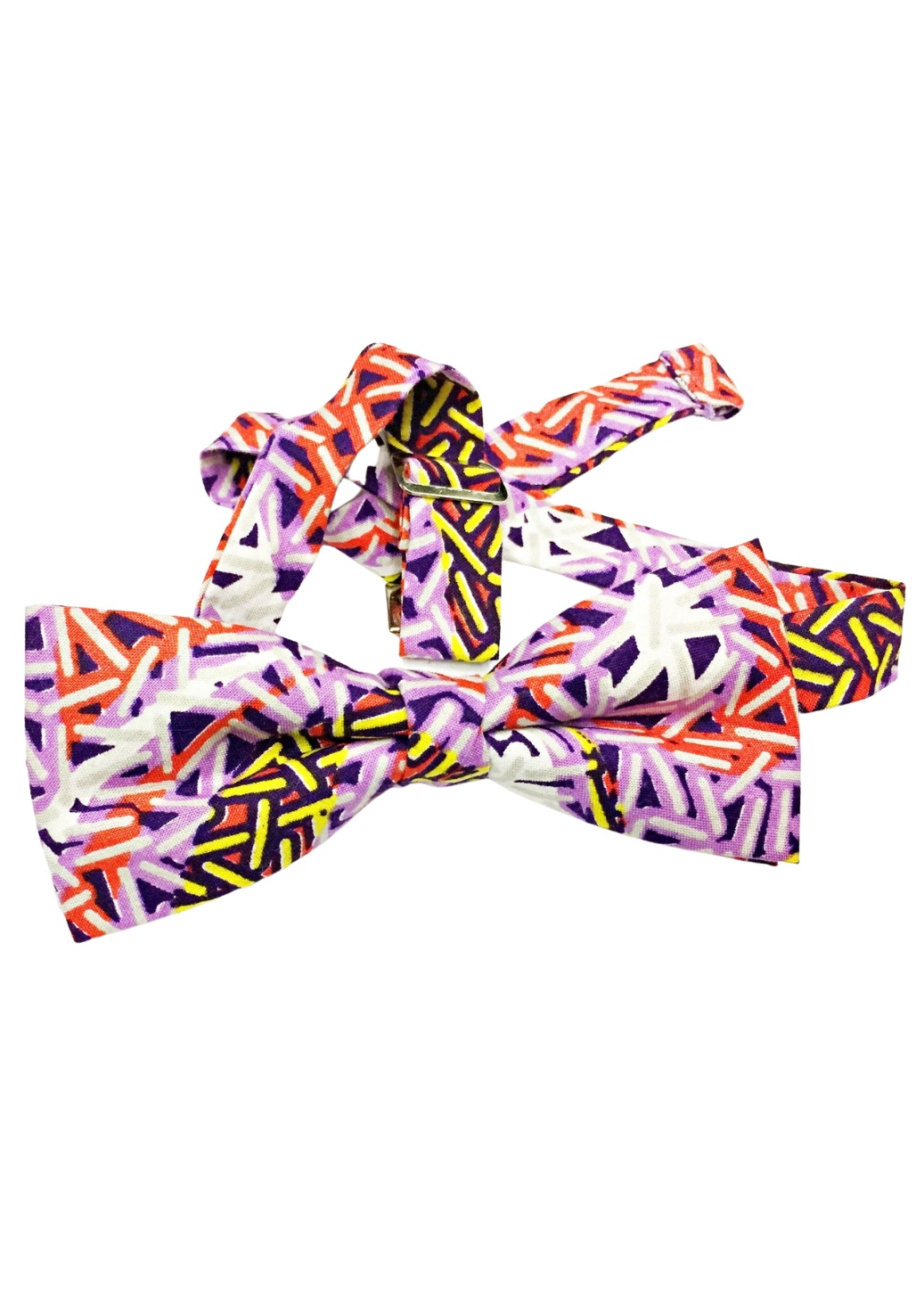 Men's African Print Bow Tie in hues of lilac, violet, orange, yellow and white.