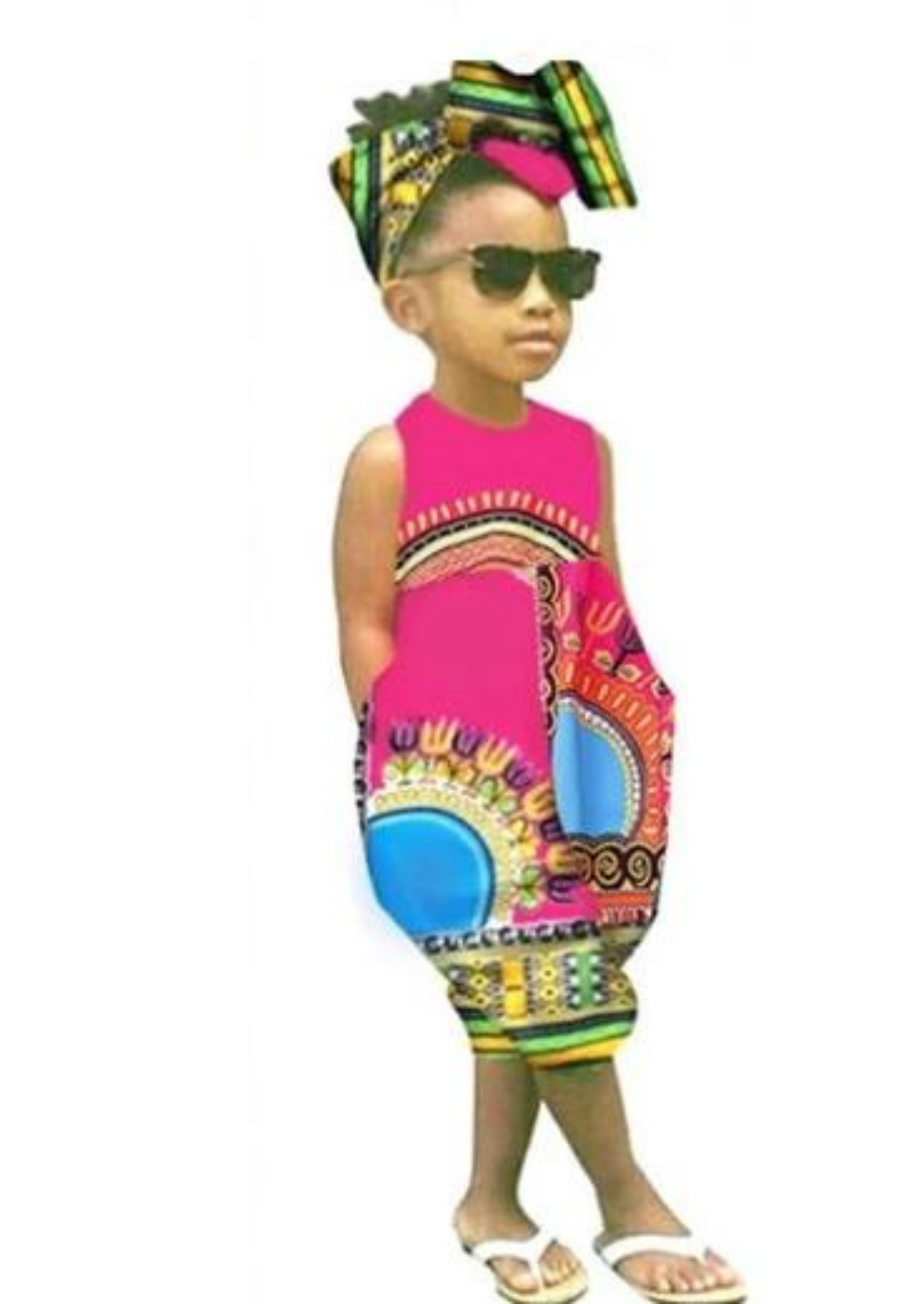 Pink African print jumpsuit for babies and matching headband.