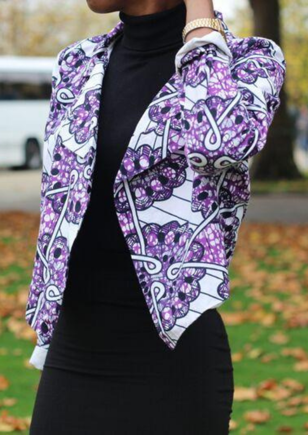 Purple and White African Print Waterfall Blazer.