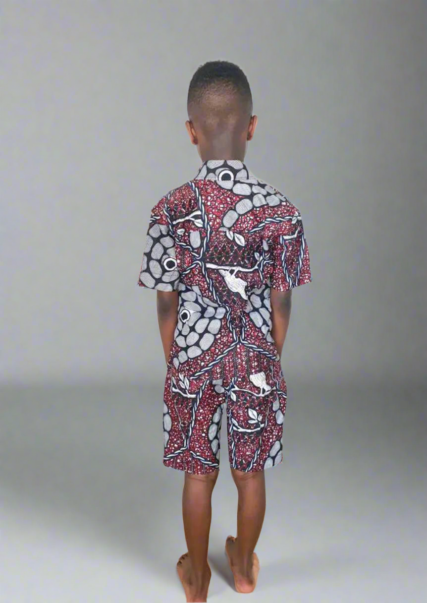 The Edet Boys Ankara African Print Shirt and Shorts 2 Piece in Burgundy - Eldimaa Fashion
