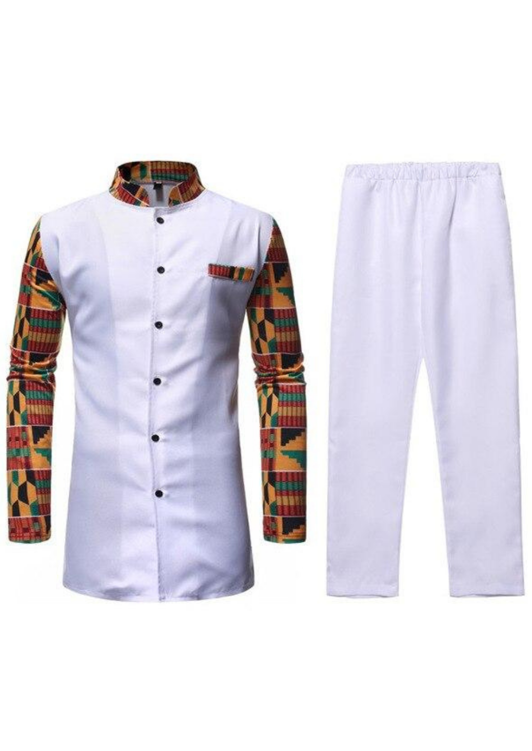 White button up men's shirt with African print detailing. The Lekan in white comprises of a white shirt, enhanced by kente print sleeves, collar and pocket, with white trousers.