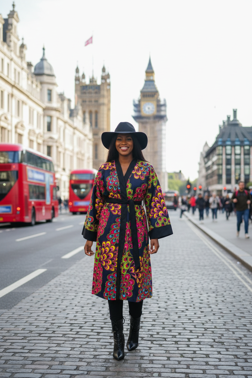 African print kimono for women with feathered patterning motif in pink, yellow, green and blue.