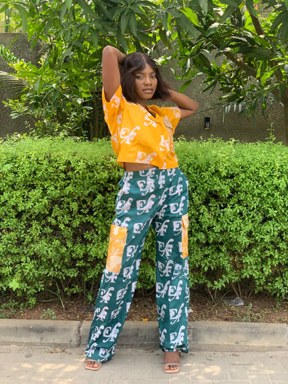 EF Exclusive Adire Print 2 Piece Crop Shirt & Cargo Pants Trousers