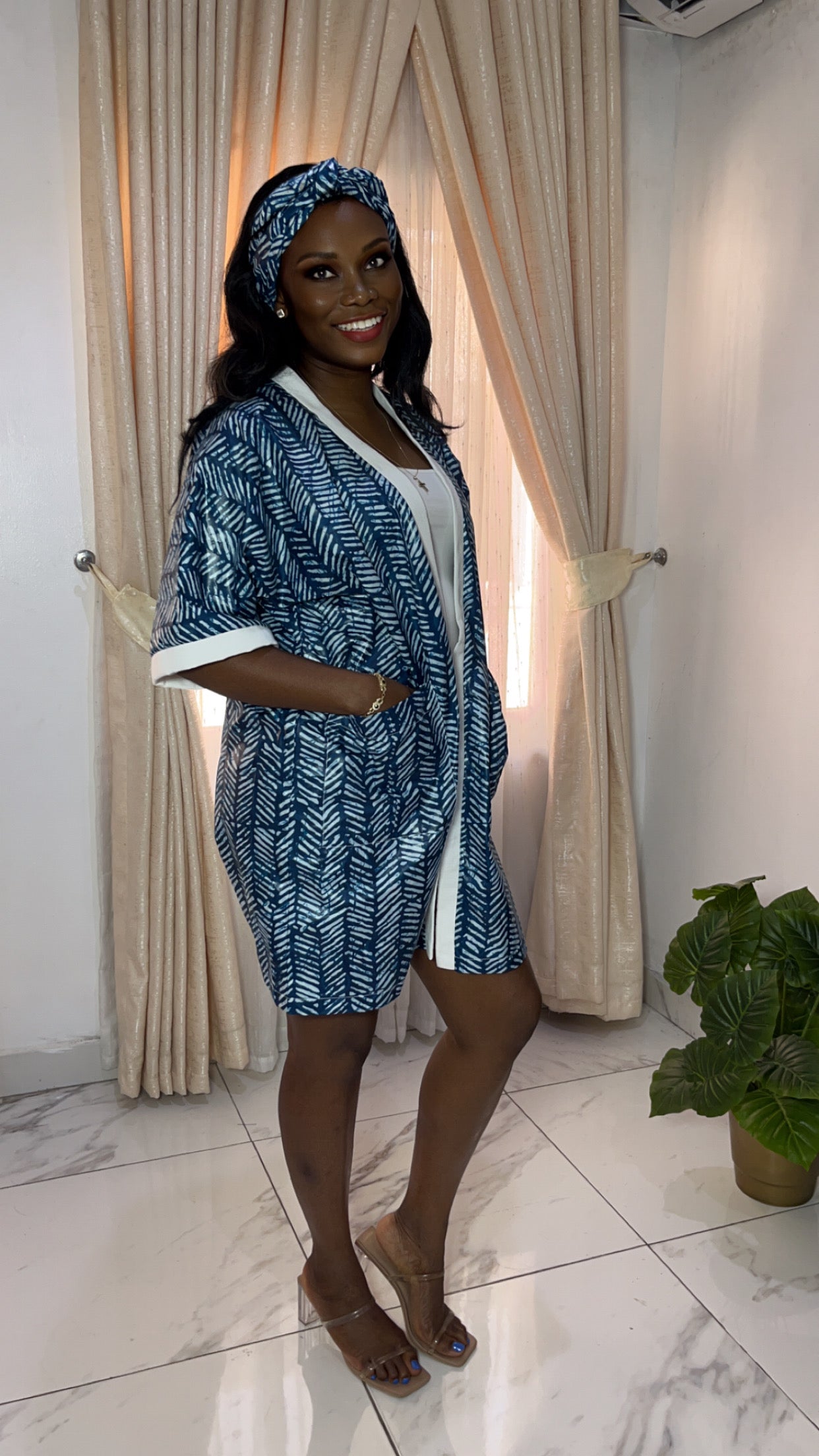 African Print Adire & Silk Aso Oke Kimono Jacket in Teal Blue by Eldimaa Fashion