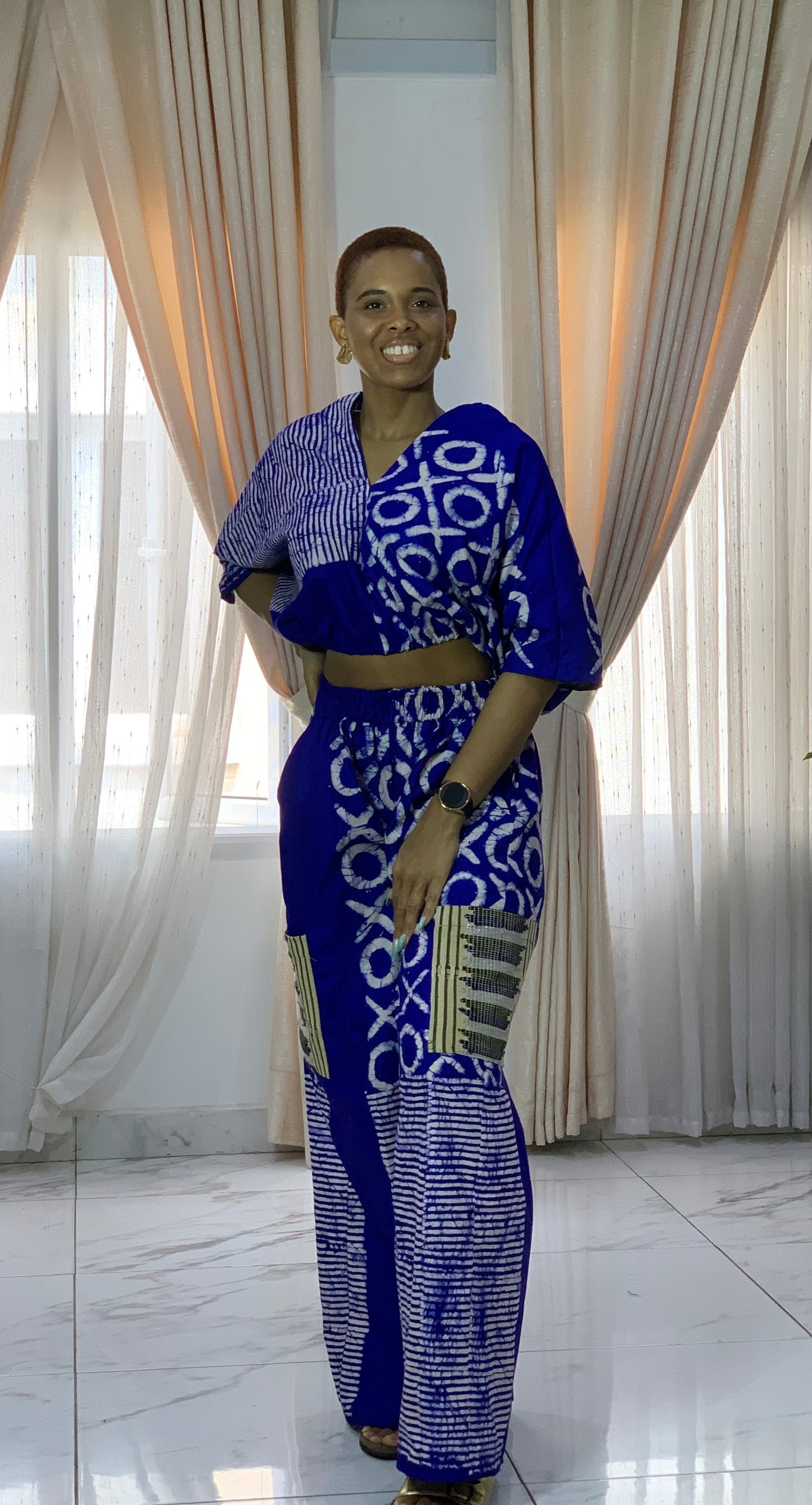 The Asake Ankara African Print Set: Top, Shorts & Crago with Aso-Oke Trousers Pant in Blue