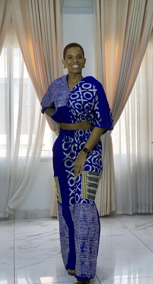 The Asake Ankara African Print Set: Top, Shorts & Crago with Aso-Oke Trousers Pant in Blue