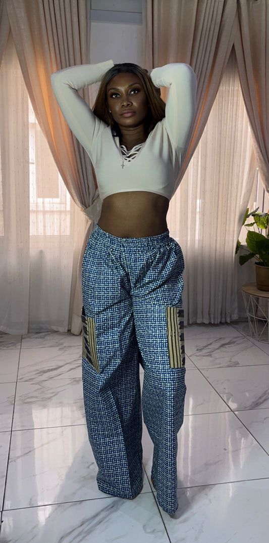 Unisex- The Asake Ankara African Print Crago & Aso-Oke Trousers Pant in Blue