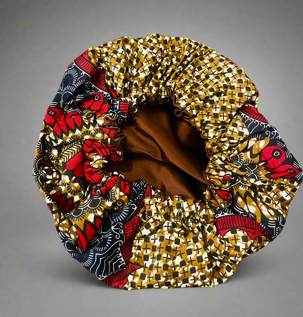 The Buki Ankara African Print Satin Sleeping Bonnet in Burgundy by Eldimaa Fashion