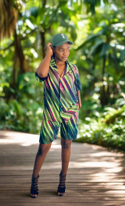 Green Stripe 2 Piece Shirt & Shorts