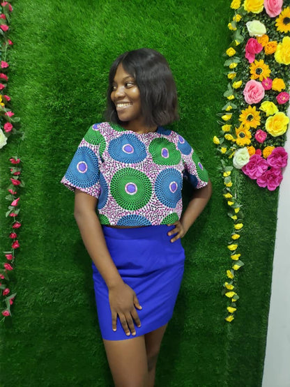 The Oyin 2 Piece Mini Skirt & Ankara African Print Top in Blue