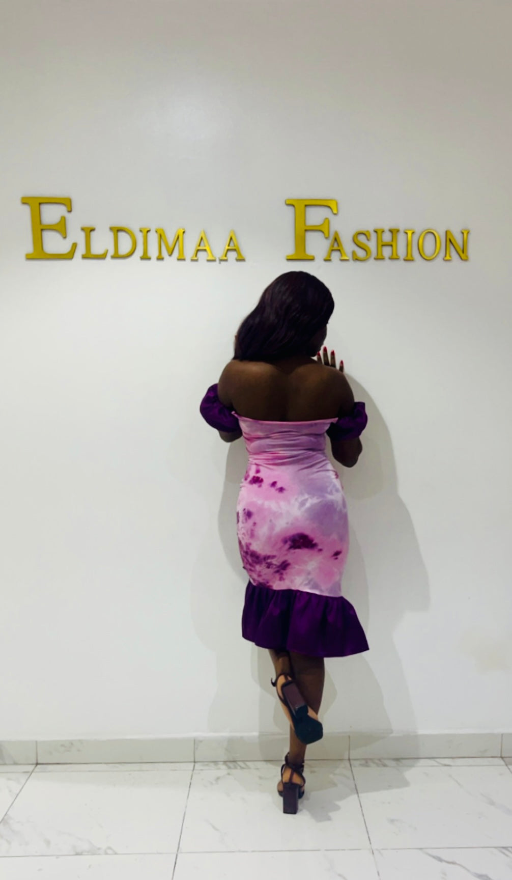 The Ewa Adire Tie Dye Lycra Bodycon Midi Dress in Violet Purple by Eldimaa Fashion
