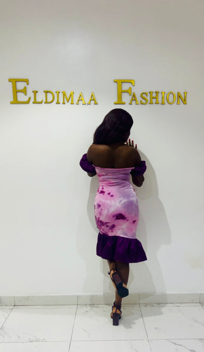 The Ewa Adire Tie Dye Lycra Bodycon Midi Dress in Violet Purple by Eldimaa Fashion