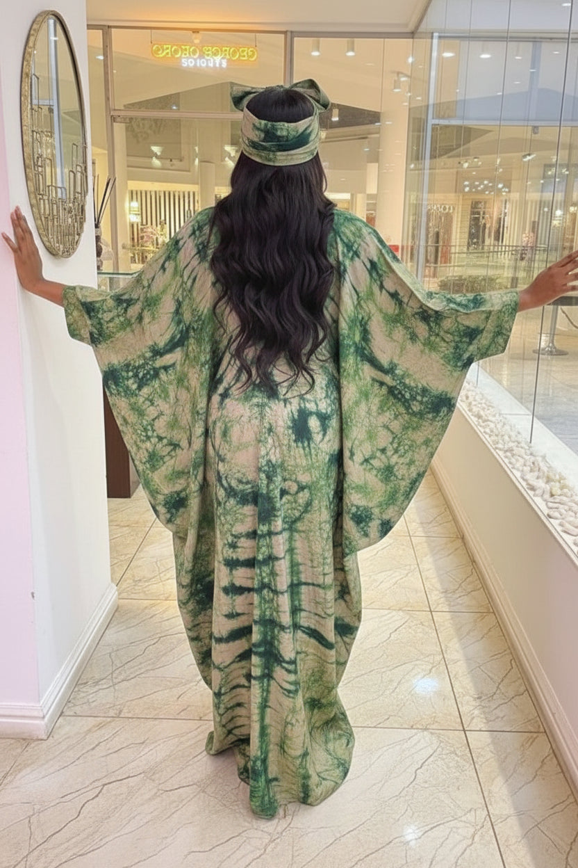 Green Adire Silk Tie-dye Bubu Dress Rich Aunty Vibes by Eldimaa Fashion