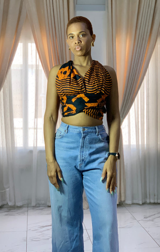 Orange XOXO Irawo African Print Ankara Infinity Multi Wrap Crop Top by Eldimaa Fashion