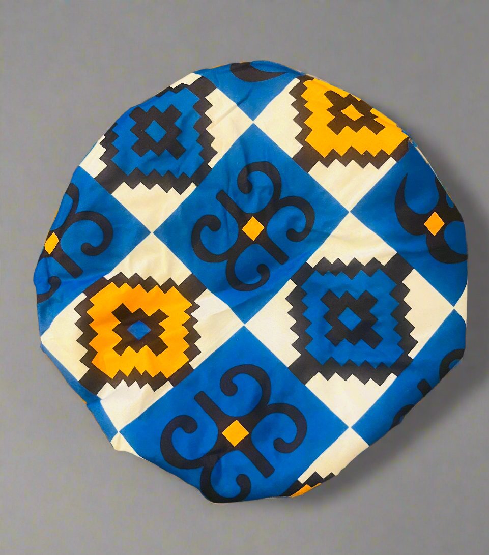 The Buki Ankara African Print Satin Sleeping Bonnet in Blue & Orange by Eldimaa Fashion