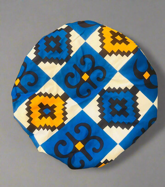 The Buki Ankara African Print Satin Sleeping Bonnet in Blue & Orange by Eldimaa Fashion