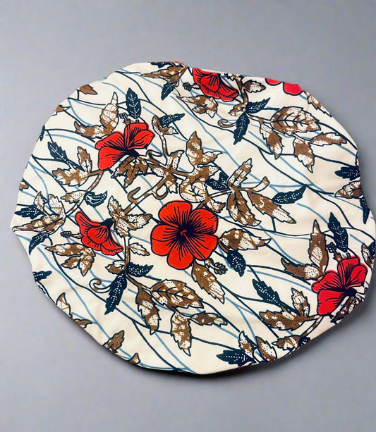 The Buki Ankara African Print Satin Sleeping Bonnet in Cream by Eldimaa Fashion