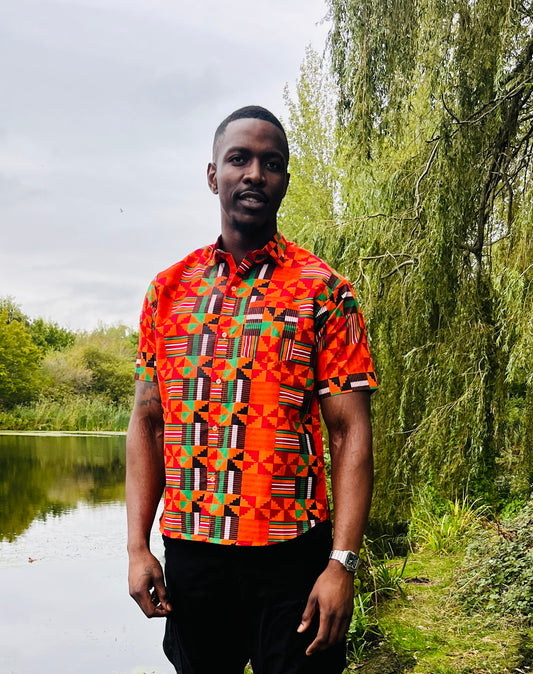The Laolu Ankara African Print Men Shirt in Orange Kente