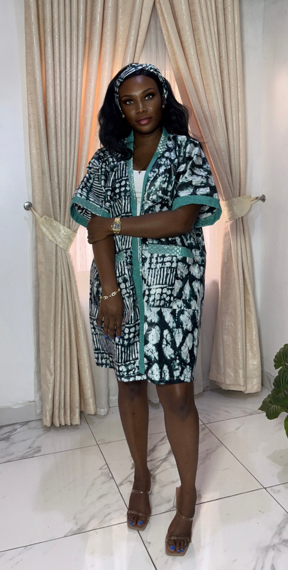 African Print Adire & Silk Aso Oke Kimono Jacket in Jade  by Eldimaa Fashion