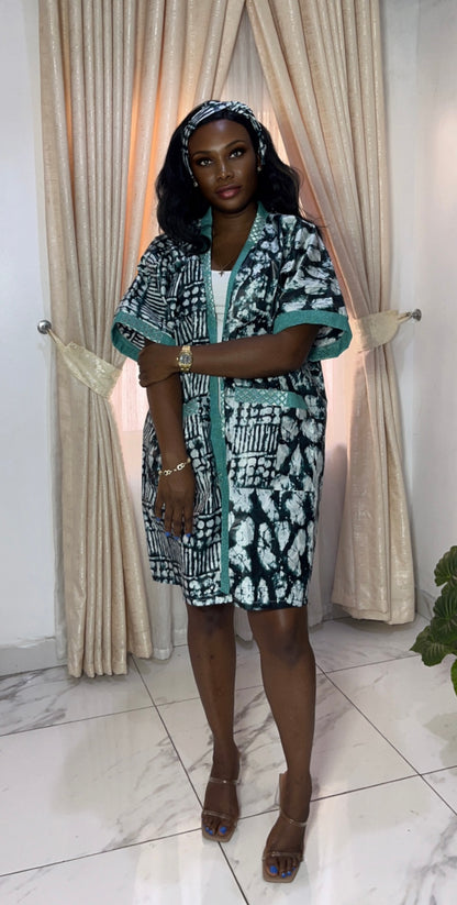 African Print Adire & Silk Aso Oke Kimono Jacket in Jade  by Eldimaa Fashion