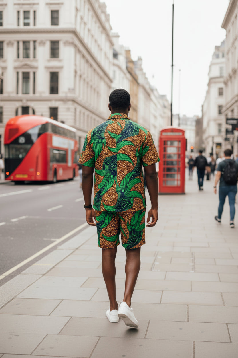 The Niran Men’s Ankara African Print Shirt and Shorts 2 Piece in Green